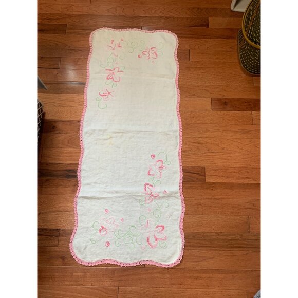 Vintage Hand-Cross Stitched Floral Table Runner with Pink Crochet Trim 36"x15" - Picture 7 of 8